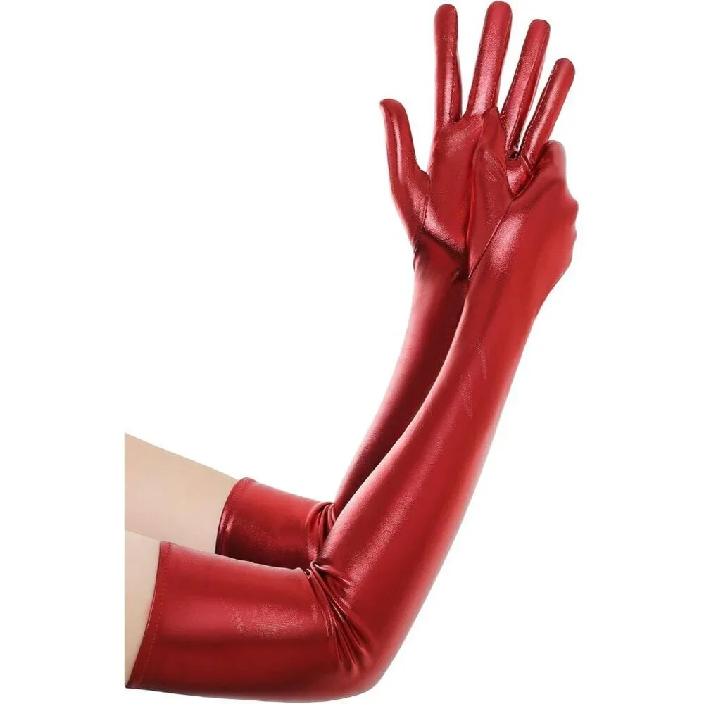 Women's Shiny Red Metallic Wet Look Gloves Elbow Length Halloween Costumes